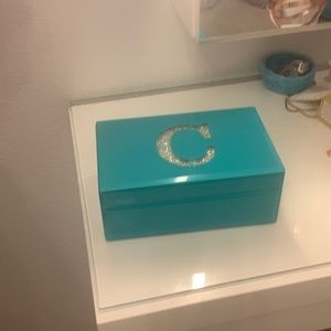Glass turquoise blue custom “C” box that can be for jewelry, makeup and more!